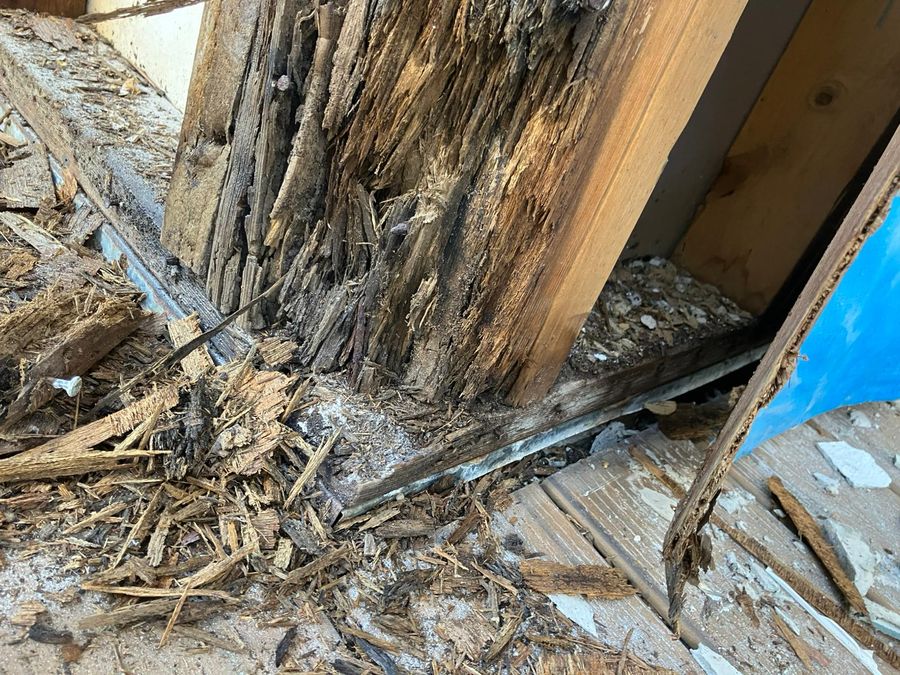 Badly rotted timber post exposed during a repair
