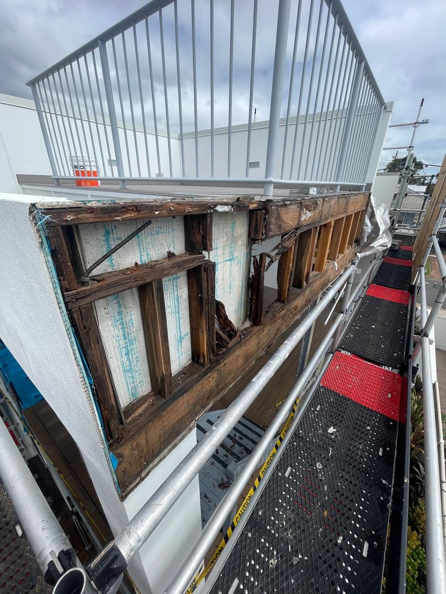 Rotten wall framing and bottom plate exposed behind removed cladding